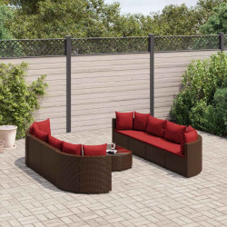 9 Pcs conjunto sofás p/ jardim c/ almofadões vime PE castanho