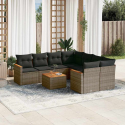 9 Pcs conjunto sofás p/ jardim com almofadões vime PE cinzento