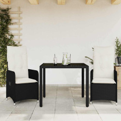 3 Pcs conjunto bistrô de jardim c/ almofadões vime PE preto
