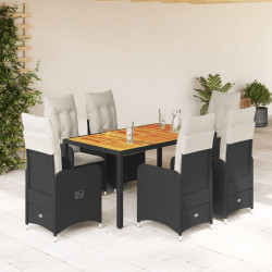 7 Pcs conjunto de bistrô p/ jardim c/ almofadões vime PE preto