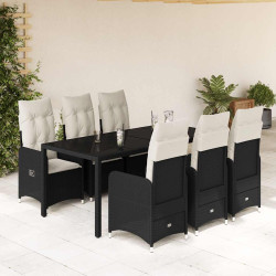 7 Pcs conjunto de bistrô p/ jardim c/ almofadões vime PE preto