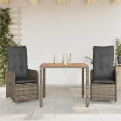 3 Pcs conjunto bistrô de jardim c/ almofadões vime PE cinza