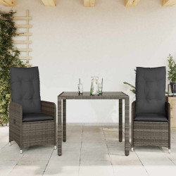 3 Pcs conjunto bistrô de jardim c/ almofadões vime PE cinza
