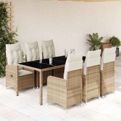 7 Pcs conjunto de bistrô para jardim c/ almofadões vime PE bege