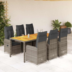 7 Pcs conjunto bistrô de jardim c/ almofadões vime PE cinza