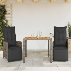 3 Pcs conjunto bistrô de jardim c/ almofadões vime PE cinza