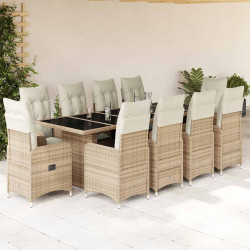 11 Pcs conjunto de bistrô p/ jardim c/ almofadões vime PE bege