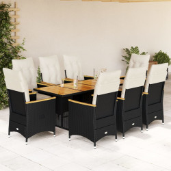 9 Pcs conjunto de bistrô p/ jardim c/ almofadões vime PE preto