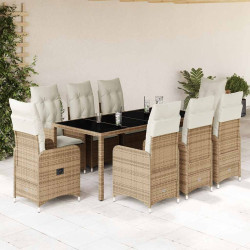 9 Pcs conjunto de bistrô para jardim c/ almofadões vime PE bege