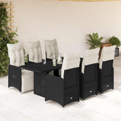 7 Pcs conjunto de bistrô p/ jardim c/ almofadões vime PE preto