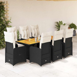 9 Pcs conjunto de bistrô p/ jardim c/ almofadões vime PE preto