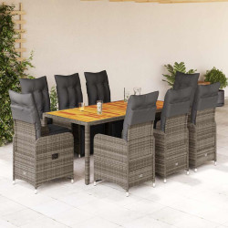 9 Pcs conjunto bistrô de jardim c/ almofadões vime PE cinzento