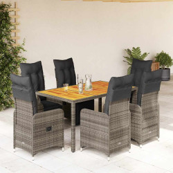 7 Pcs conjunto bistrô de jardim c/ almofadões vime PE cinza