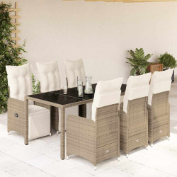 7 Pcs conjunto bistrô de jardim c/ almofadões vime PE castanho