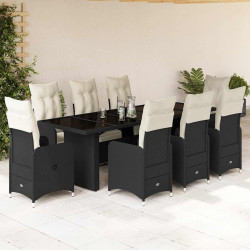 9 Pcs conjunto de bistrô p/ jardim c/ almofadões vime PE preto