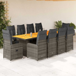 11 Pcs conjunto bistrô de jardim c/ almofadões vime PE cinzento