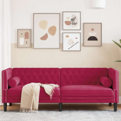 Sofá chesterfield com rolos 3 lugares veludo vermelho tinto