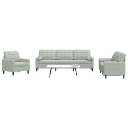 3 Pcs conjunto sofás com almofadões e rolos veludo cinza-claro