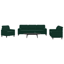 3 Pcs conjunto sofás com almofadões e rolos veludo verde-escuro