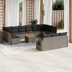 14 Pcs conjunto sofás p/ jardim c/ almofadões vime PE cinzento
