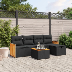 6 Pcs conjunto sofás de jardim c/ almofadões vime PE preto