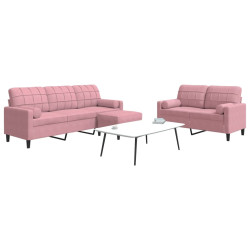 3 Pcs conjunto de sofás com almofadões e rolos veludo rosa