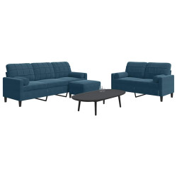 3 Pcs conjunto de sofás com almofadões e rolos veludo azul