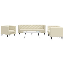 3 Pcs conjunto de sofás chesterfield couro artificial creme