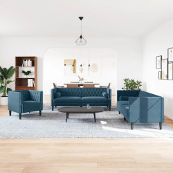 3 Pcs conjunto de sofás chesterfield com rolos veludo azul