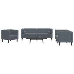 3 Pcs conj. de sofás chesterfield com rolos veludo cinza-escuro