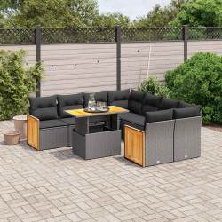 9 Pcs conjunto de sofás p/ jardim c/ almofadões vime PE preto
