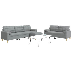 3Pcs conjunto sofás c/ almofadões/apoio pés tecido cinza-claro