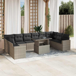 11 Pcs conjunto sofás de jardim c/ almofadões vime PE cinzento
