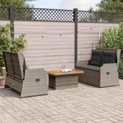 3 Pcs conjunto lounge de jardim c/ almofadões vime PE cinzento