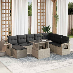 9 Pcs conj. sofás jardim com almofadões vime PE cinzento-claro