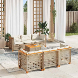 7 Pcs conjunto de sofás p/ jardim com almofadões vime PE bege