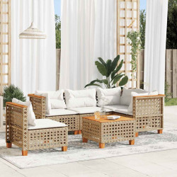 6 Pcs conjunto de sofás p/ jardim com almofadões vime PE bege