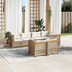 7 Pcs conjunto de sofás p/ jardim com almofadões vime PE bege