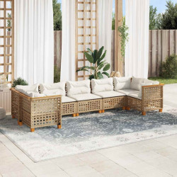 7 Pcs conjunto de sofás p/ jardim com almofadões vime PE bege