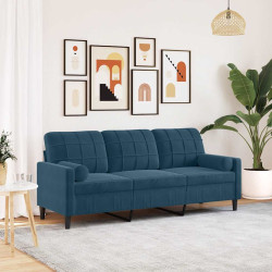 Sofá 3 lugares c/ almofadas decorativas 180 cm veludo azul