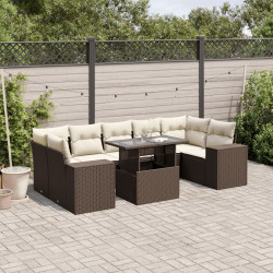8 Pcs conjunto sofás de jardim c/ almofadões vime PE castanho