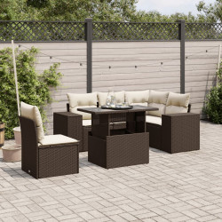 6 Pcs conjunto de sofás jardim c/ almofadões vime PE castanho