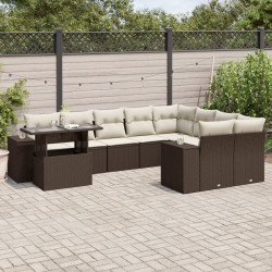 10 Pcs conj. sofás jardim com almofadões vime PE castanho