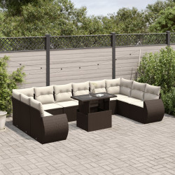 11 Pcs conjunto sofás de jardim c/ almofadões vime PE castanho