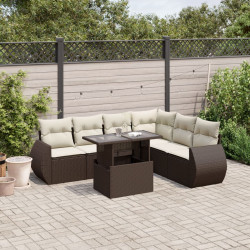 7 Pcs conjunto de sofás jardim c/ almofadões vime PE castanho