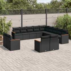 13 Pcs conjunto de sofás de jardim com almofadões vime PE preto