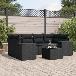7 Pcs conjunto de sofás p/ jardim c/ almofadões vime PE preto