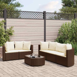 6 Pcs conjunto de sofás jardim c/ almofadões vime PE castanho