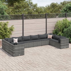 10 Pcs conjunto lounge de jardim c/ almofadões vime PE cinzento