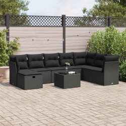 9 Pcs conjunto de sofás p/ jardim c/ almofadões vime PE preto